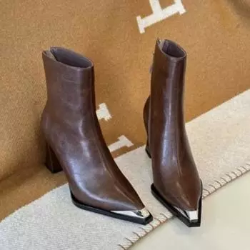 мода элегантные остроносые женские ботильоны модные высокие каблуки кожаные туфли зима 2025 тренд сексуальные офисные туфли-лодочки туфли челси botas mujer 34 чёрный