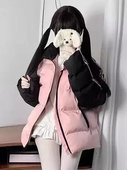 МОДА Американская ретро уличная розовая куртка с тремя полосками и контрастным принтом женская зимняя утепленная хлопковая одежда Одежда S