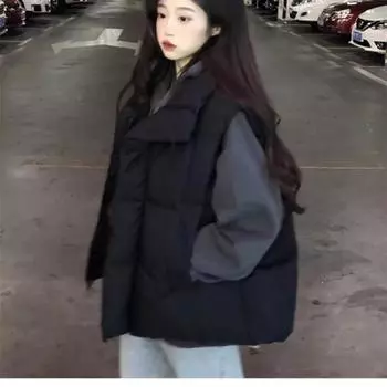 МОДА Американский дизайн чувство утолщенный хлопковый-подкладочный жилет2024 куртка женская зимняя ленивый хлопковый-подкладочный жилет женский топ Одежда S 70-45 kg чёрный