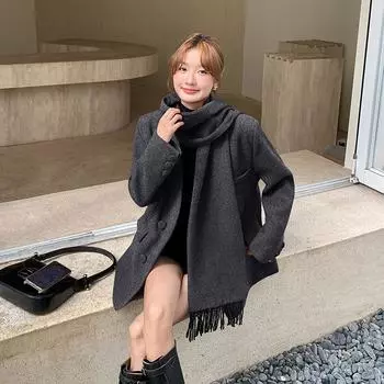 МОДА Ankola красный шерстяной блейзер женский 2024 новый высококачественный шарф короткое шерстяное пальто Одежда S