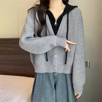 МОДА Арктический флис имитация двухсекционного свитера с капюшоном кардиган вязаный свитер топ Одежда one size fits all серый