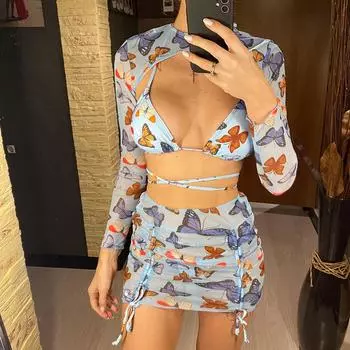 мода бабочка принт с юбкой бикини женские купальники женский купальник из четырех частей бикини комплект купальный костюм купальный костюм женский купальник S синий