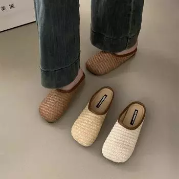 мода Bailamos Летние женские тапочки Простые плетеные туфли на плоской подошве Женские мюли с квадратным носком Полутапочки Повседневные уличные шлепанцы Пляжные сандалии 35 коричневый