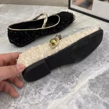 Мода Балетки Женские костюмные туфли Твидовые Туфли Мэри Джейн Балетки с пайетками на верхней части 35 бежевый