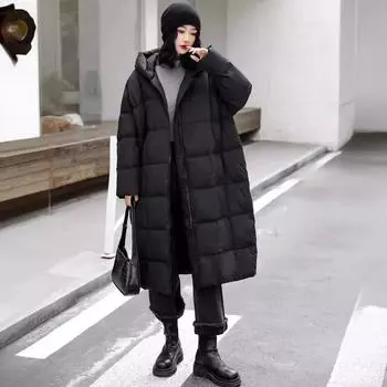 МОДА Белый утиный пух длинный пуховик женский 2024 зимняя новая свободная утолщенная модная однотонная куртка выше колена с капюшоном модная одежда M хаки