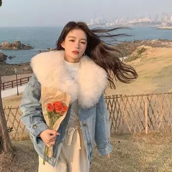 МОДА Белый утиный пух съемный лисьий мех Pie Overcome джинсовая куртка женская 2024 новая утолщенная куртка одежда S