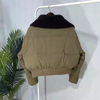 МОДА белый утиный пух женский 2024 зима полотенце воротник большой лацкан короткий хлеб модная зимняя одежда S чёрный