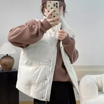 МОДА Белый утиный пуховый теплый жилет женский 2024 зимняя мода пуховый воротник стойка свободный модный жилет одежда S хаки