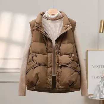 МОДА Белый утиный пуховый жилет короткий зима 2024 новый корейский вариант маленький жилет жилет одежда S оранжевый