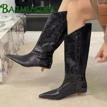 мода блестящие низкие каблуки женская обувь роскошные высокие сапоги остроносое платье сексуальные туфли-лодочки 2025 тренд зима снег Botas Mujer готическая вечеринка Zapatos 35 абрикосовый