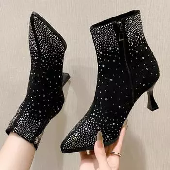 мода блестящие сексуальные женские ботильоны на высоком каблуке с острым носком зимние дизайнерские туфли 2025 года трендовые туфли челси повседневные туфли на каблуках для вечеринок зимние туфли Botas Mujer 35 чёрный