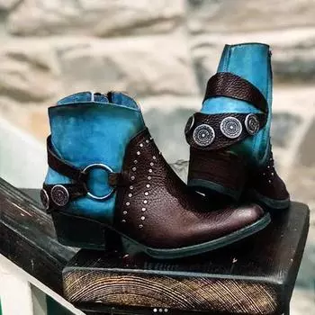 Мода BLWBYL 2024 Женские зимние новые модные ботинки с круглым носком и низким каблуком, цветные женские ботинки Chelse, женские ботильоны с заклепками 35 коричневый