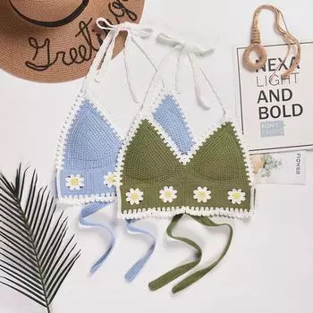 Мода богемный стиль сексуальный крючок с вышивкой цветок топ вязаный слинг пляжный бикини бюстгальтер