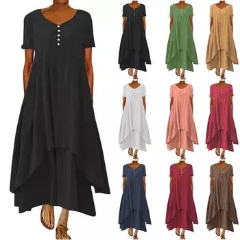 Мода Boho сплошной цвет с коротким рукавом свободное повседневное нерегулярное платье M армия зеленый