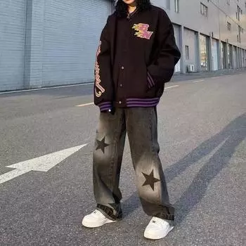 МОДА Большие мешковатые джинсы с узором в виде звезд, свободные прямые джинсы Y2K, летние повседневные уличные женские джинсы в стиле хип-хоп S чёрный