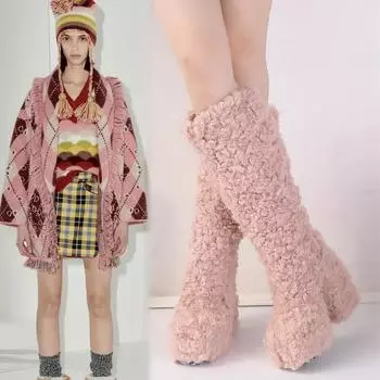 мода Большие подиумные модные женские ботинки на европейской и американской подошве с круглым носком, водонепроницаемые на платформе с толстым каблуком, теплые длинные сапоги из овечьей шерсти 34 розовый