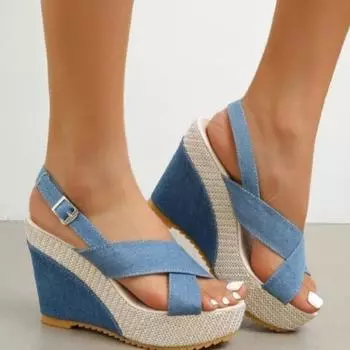 мода Большие размеры 35-43 Туфли для женщин Босоножки на танкетке с пряжкой на щиколотке для женщин Летние джинсовые сандалии Удобные сандалии на толстой подошве 35 синий