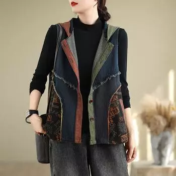 МОДА Большой размер ретро свободный джинсовый жилет жилет с шапкой контрастный цвет сращивание грубый край повседневный джинсовый жилет куртка M