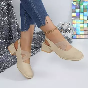 мода Босоножки с закрытым носком Модная женская обувь Женские туфли на среднем каблуке Квадратная головка Босоножки для свадебной вечеринки Повседневная обувь 2024 Лето 35 хаки