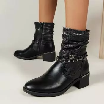 мода Botas Mujer Ботильоны женские Толстый каблук Комфорт Повседневные женские Высокие сапоги Молния Острый носок Челси Ботинки Женская обувь 2024 36 чёрный