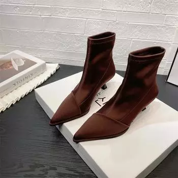 мода Botas Mujer Invierno 2024 Модные ботильоны Ботинки с острым носком и эластичной резинкой Осенние ботинки на шпильках Женская обувь для офиса Botines Mujer 35 чёрный