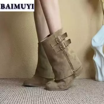 мода Ботильоны женские туфли челси танкетка высокие каблуки зимние замшевые снежные дизайнерские готические 2024 трендовые женские новые брендовые осенние ботинки Mujer 35 хаки