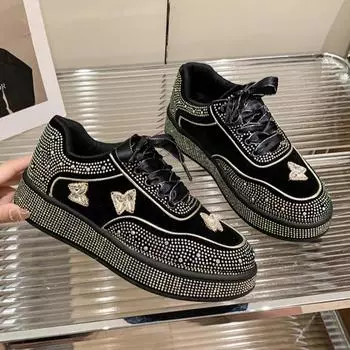 мода Bow Crystal Luxury Women Flats Sneakers Platform Casual Sport Shoes Autumn 2024 Trend Fashion New Lace Up Running Zapatos Mujer 35 чёрный