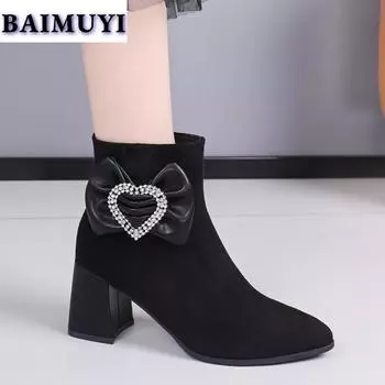 мода Bow Crystal Pointed Toe Женские ботильоны на высоком каблуке Зимние ботинки 2025 года Тенденция бренда класса люкс Массивные ботинки челси Туфли-лодочки Mujer Botas 35 чёрный