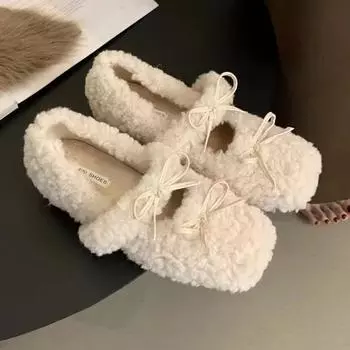 мода Bow Fur Square Toe Женские мокасины Плоские теплые туфли Женские 2024 Трендовые дизайнерские плюшевые зимние ботинки Зимние повседневные туфли на танкетке Zapatos Mujer 35 бежевый