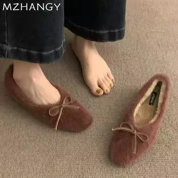 мода Bow Fur Женские туфли на плоской подошве с лоферами Осенние дизайнерские туфли с квадратным носком Женские туфли 2024 года Трендовые повседневные туфли для прогулок Mujer Zapatos 35 коричневый