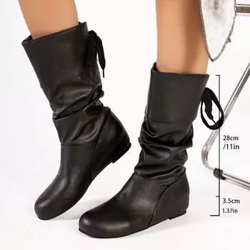 мода Bow Женские высокие сапоги на среднем каблуке Туфли челси Женские зимние сапоги средней длины 2025 года Тренд Зимние кожаные плиссированные готические туфли Botas Mujer 35