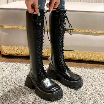 мода британский стиль шнуровка длинные сапоги на платформе мотоциклетные сапоги молния модные сапоги женские повседневные сапоги осенние женские сапоги 2024 35