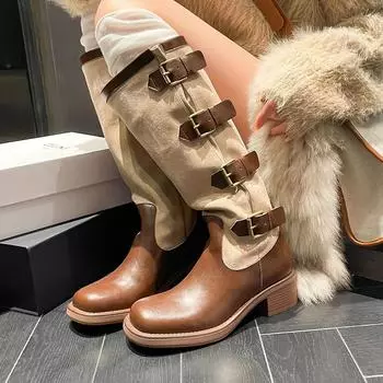 мода Британский стиль женские сапоги до колена на платформе мотоциклетные сапоги с шипами рыцарские туфли новая готическая обувь на среднем каблуке женская 35 темно-коричневого