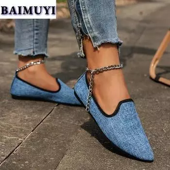 мода Цепочка Плоские Туфли Женские Холщовые Повседневные Кроссовки Лоферы Ковбойские Острый Носок Мелкие Осень 2024 Тренд Прогулочное Платье Zapatos Mujer 35 бежевый