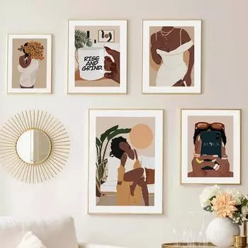 Мода Черная Женщина Девушка Красивое Золотое Кольцо Ожерелье Скандинавские Плакаты И Принты Холст Картина Настенное Искусство Гостиная Домашний Декор 21x30cm No Framed