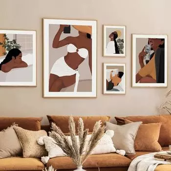 Мода Черная Женщина Девушка Красивые Золотые Серьги Ожерелье Браслет Плакаты Отпечатки Холст Картина Стены Искусства Гостиная Домашний Декор 21x30cm No Framed