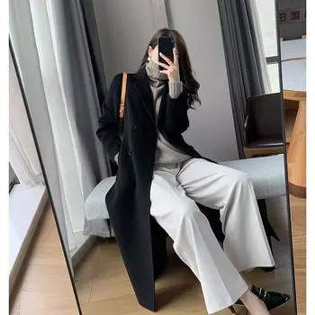 МОДА черное шерстяное пальто женское зимнее новое в стиле Хепберн утолщенное и тонкое шерстяное пальто средней и длинной длины Одежда XXXL