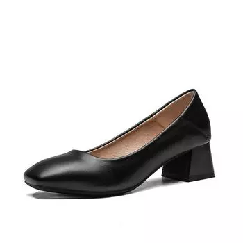 Мода Черные классические туфли на толстом каблуке для женщин Простые туфли из кожи с квадратным носком на низком каблуке Офисные работники Стюардессы Гостиничный этикет 34 бежевый