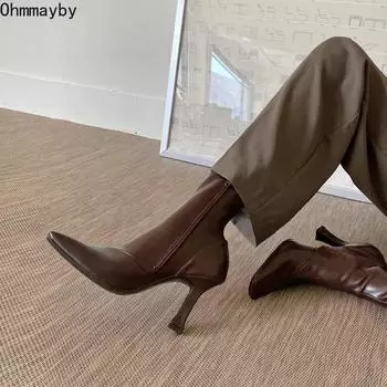 мода черные женские ботильоны женские тонкие высокие каблуки модные заостренные носки молния зимние женские туфли кожаные белые короткие ботильоны 34 коричневый