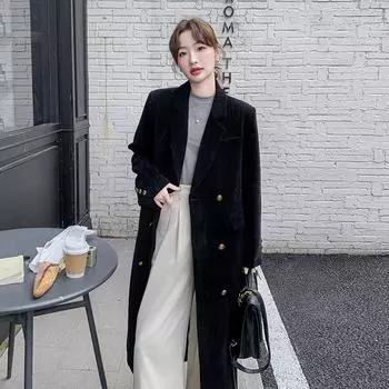 МОДА черный костюм шерстяной пиджак женский 2024 новый зимний корейский стиль Хепберн стиль темперамент длинное шерстяное пальто Одежда S чёрный