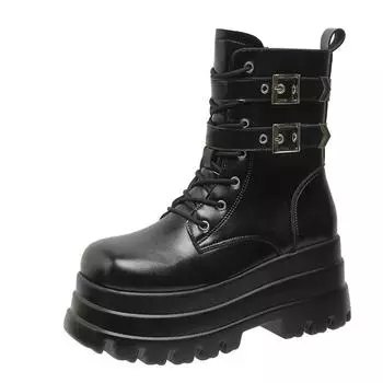 Мода Черный Осень Женщины Панк Стиль Платформа Ботильоны Толстая Подошва Кожа Мотоциклетные Ботинки 9CM Массивные Металлические Пряжки Короткие Сапоги Женщина 35 чёрный