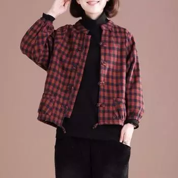 МОДА чистый хлопок новый бархат утолщенный литературный и ретро топ свободный большой размер тонкий клетчатый жакет женский короткий L