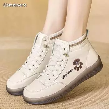 МОДА Comemore, осенняя повседневная обувь, женские высокие кроссовки, вулканизированная обувь, модные ботинки с круглым носком, новинка 2024 года, женские кожаные кроссовки 41 35