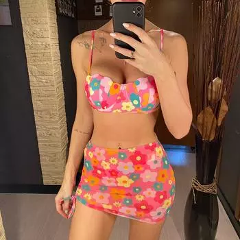мода Цветы Бикини Push Up Купальник Женский Купальники Женский Комплект Бикини Из Трех Частей С Юбкой Бюстгальтер Чашка Купальник Купальный Костюм Плавать S розовый