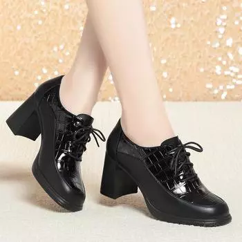 мода Deep Mouth Мягкие кожаные туфли Женские оксфорды Туфли-лодочки на платформе Туфли на высоком каблуке Черные туфли-лодочки на шнуровке Офисные туфли-лодочки Удобные 35(Foot22.5cm)
