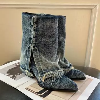 мода Desigenr остроносые ботинки челси средней длины женские туфли на среднем каблуке ковбойские массивные туфли 2024 осень тренд новые туфли-гладиаторы женская обувь 36