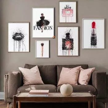Мода Девушка Макияж Салон Красоты Плакат Флакон Духов Помада Декоративные Картины Холст Стены Искусства Картина Комната Декор Спальни 21x30cm No Framed