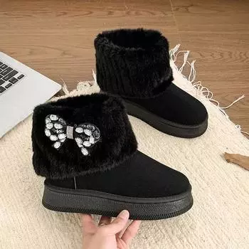мода Diamond Bow женские туфли на плоской платформе замшевые зимние ботильоны меховые теплые ботинки 2025 зимние короткие плюшевые ботинки челси повседневные ботинки женские 36 чёрный