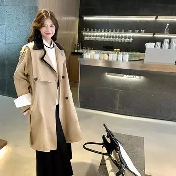 МОДА дизайн чувство контрастное сочетание цветов популярный средний и длинный тренчкот женский сезон 2024 новый тонкий пальто с заниженной талией Одежда S