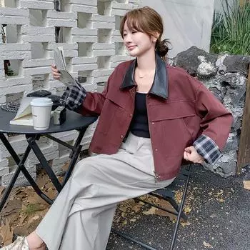 МОДА Дизайн Клетчатый Сращивание Откидной Рукав Ankola Красная Куртка Женская Сезон Новая Корейская Свободная Маленькая Куртка Одежда S